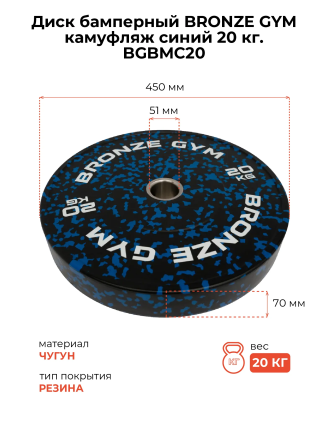 Диск бамперный 20кг BRONZE GYM камуфляж синий (BGBMC20)