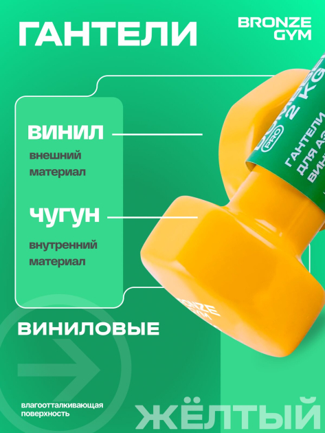 Гантели для аэробики виниловые BRONZE GYM,2 кг., пара. — фото 6