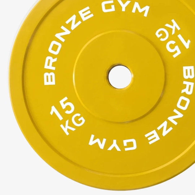 Диск 15 кг BRONZE GYM калиброванный для пауэрлифтинга, желтый — фото 2