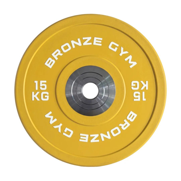 Диск 15 кг BRONZE GYM олимпийский тяжелоатлетический, желтый