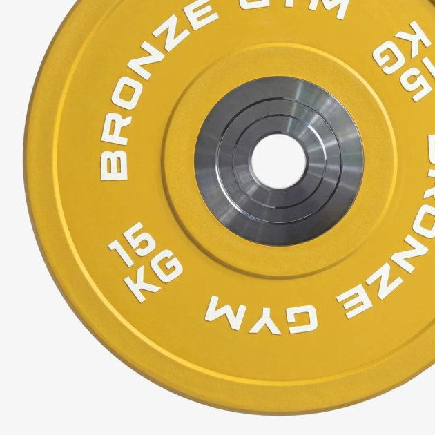 Диск 15 кг BRONZE GYM олимпийский тяжелоатлетический, желтый — фото 2