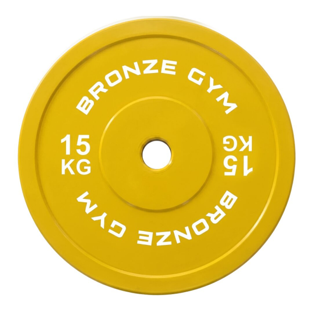 Диск 15 кг BRONZE GYM олимпийский тяжелоатлетический, желтый — фото 3